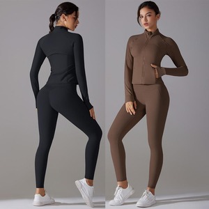 Conjuntos de 2 piezas para mujer, conjuntos de entrenamiento, chaqueta de manga larga con cremallera, mallas de cintura alta, conjunto de gimnasio para levantar glúteos, conjuntos de ropa activa para mujer - Product Image 6