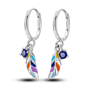 Local US Stock 925 Argent Logo Fine Hoop Boucles D'oreilles avec Bohème Coloré Plume Conception Tiktok Vente Chaude Fine Jewelry - Product Image 1