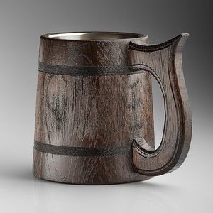 Tasse à bière en bois marron faite à la main écologique en bois de chêne naturel prix économique ARTISAN AURA tasse en céramique baril en acier inoxydable - Product Image 5