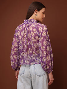 Printed <b>Peach</b> High Neck Full Sleeves Floral Printed Casual WesternWear Top - Product Image 6