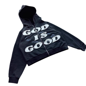Sudadera con Capucha de Alta Calidad, Bordado Sólido, Cierre Completo, Estilo Urbano, Felpa de Algodón Premium, Cómoda, Cálida, Informal, Moderna - Product Image 1