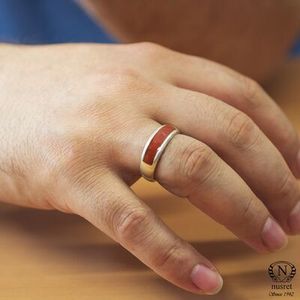 Men's 925 Sterling <b>Silver</b> Wedding Band with Red Enamel Geometric Pattern Oval Cut Platinum Fine Jewelry <b>Plain</b> <b>Ring</b> Inlay Setting - Product Image 1