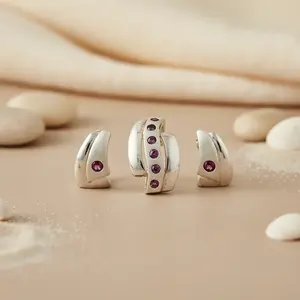 Women's Silver Hoop <b>Stud</b> <b>Earrings</b> with Pink Gemstones Fashion Jewelry - Product Image 2