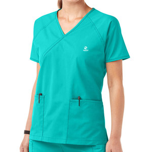 V <b>Neck</b> Women's Scrubs Uniforms Sets Stand Collar 6-Pocket Medical Scrubs Short Sleeve <b>Mock</b> Wrap <b>Top</b> Cotton Twill High Quality - Product Image 5