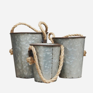 Chaman India Iron Galvanized Floor Planter Buckets with <b>Rope</b> Handles for Indoor/Outdoor Garden Decor - Product Image 4