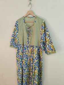 Handmade Cotton Floral Block Print V-neck <b>Long</b> Sleeve Floor-Length Boho Maxi <b>Dress</b> Striped Yoke | Comfortable Summer <b>Kaftan</b> - Product Image 4