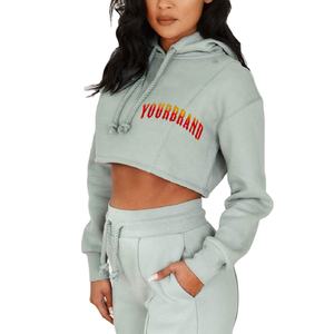 Ensemble de sweat-shirts à capuche pour femmes d'hiver avec logo personnalisé |   Ensemble de survêtement deux pièces OEM |   Crop top en polaire et pantalon de jogging avec logo frontal, vente en gros - Product Image 1