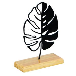 Sculpture de feuille en métal noir design sur base en bois Accent de table parfait pour des intérieurs minimalistes et élégants - Product Image 1