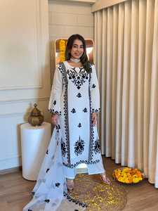 Punjabi Kameez Shalwar Pallazzo étnico romano seda pakistaní manga larga Organza dupatta India venta al por mayor Farshi modesto étnico - Product Image 4