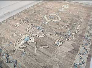 Tapis d'intérieur Oushak contemporain moderne, noué à la main en laine/soie, design turc original, taille personnalisée, motif abstrait, lavable - Product Image 2