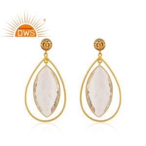 Pendientes de plata de ley 18k con gema colgante, joyería fina con cristal de cuarzo natural chapado en oro - Product Image 3