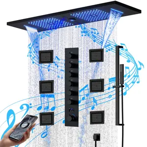 Black 2024 New 36*12inch Music Led Shower Head Rain Waterfall Shower Bathroom Cold And Hot Digital Display Shower Faucet Set