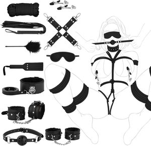 Kit de bondage BDSM, jouet sexuel, ensemble de 11 pièces pour débutants avec menottes, attaches de cheville, bandeau pour les yeux, <span class=keywords><strong>fouet</strong></span>, pagaie... - Product Image 1