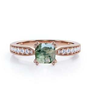 Anillo Clásico de Plata 925 con Ágata Verde Musgo de Corte Cojín de 1.25 Quilates, con Grabado Milgrain y Cuentas, de Shama Gems Jewels - Product Image 2
