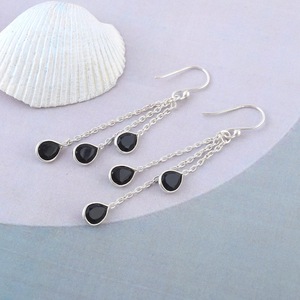 Minimalist <b>Black</b> <b>Onyx</b> Drop <b>Earrings</b> in 925 Sterling Silver Gold Plated Chain Style July Birthstone Wedding & Party Gift - Product Image 2