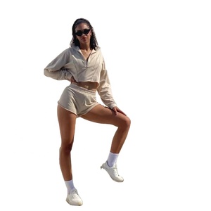 2024 High Quality Women's Cotton Sweatshirt Half <b>Zip</b> Crop Top Jogger <b>Shorts</b> Workout Sets Summer Lightweight Breathable Quick Dry - Product Image 1