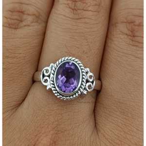 Handmade Dainty Amethyst Oval Crystal <b>Ring</b> Boho <b>Statement</b> Gift for Her Birthday Anniversary Christmas in Sterling <b>Silver</b> - Product Image 1
