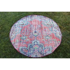 Alfombra de 4.7x4.7 pies, Alfombra Turca Vintage, Alfombra a Rayas Rojas y Azules - Product Image 1