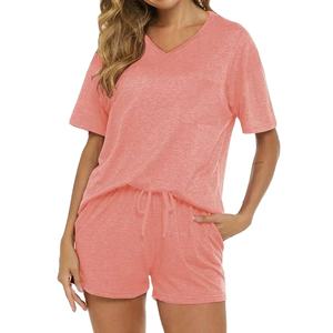 Ensembles Femme Été Décontracté Uni Manches Courtes Hauts et Shorts Deux Pièces 100% Coton Col V Service OEM Uni Grande Taille 2026 - Product Image 1