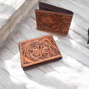 Western Style Hand <b>Tooled</b> Floral Carving Fashion Forward Vintage Handmade Buffalo <b>Leather</b> Brown <b>Leather</b> Casual Heavy Duty Wallet - Product Image 1