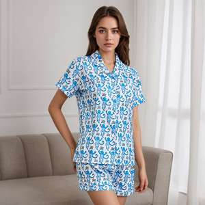 Wholesale Custom Printed <b>Nylon</b>/Cotton Solid Pants Pajamas Reversible Quick Dry Breathable Sleepwear Set <b>Women</b> High Waist Full - Product Image 1