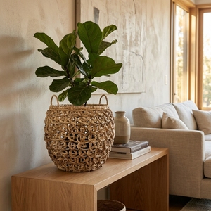 Panier de rangement naturel tressé à la main en treillis ouvert, pot rond, organiseur de linge, décoration, design artistique pur - Product Image 6