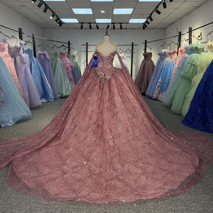 Vestido de Quinceañera/Fiesta de 15 Años con Lentejuelas Rosadas Deslumbrantes, Manga Regular, Estampado y Cola de Capilla, Modelo 9984 - Product Image 4