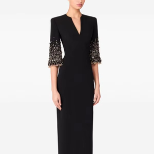 Robe sirène sexy à silhouette élégante pour adultes, manches longues, découpes brodées, longueur au sol, perles sur le devant, crêpe naturel - Product Image 1