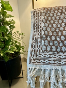 100% Cotton Premium Quality TNT Woven Brown <b>Throw</b> Boho Hand Block Printed <b>Sofa</b> <b>Cover</b> Tassel Blanket Handcrafted India Decorative - Product Image 3
