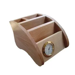 Luxury design wood pen holder 4 compartment handicraft top quality with watch pencil and pen holder desk top supplier