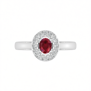 Anelli di Fidanzamento Glamour da Donna in Argento Sterling 925 con Rubino Naturale Taglio Ovale 5x4 e Halo di Topazio Bianco - Product Image 2