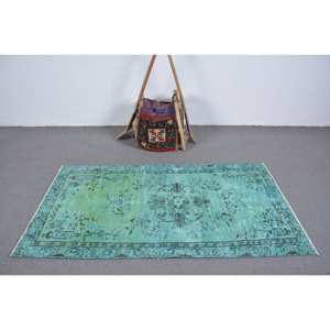 Tapis turc vintage 3.3 x 6.2ft bleu vert Patchwork Design laine tissage plat pour salon décor Latex soutenu - Product Image 3