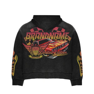 Venta al por mayor Zip up Vintage Hoodie chándal personalizado impreso lavado ácido acampanado pantalones de chándal y conjunto de Sudadera con capucha - Product Image 3