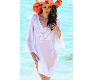 Tunique d'été élégante à manches longues et col en V pour femmes avec broderie personnalisée Mini Top tissé à motifs Casual Beach Cover Smart Casual - Product Image 4