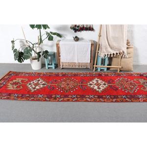 3.1x10.5 ft <b>Runner</b> Vintage Rug, Turkish Rug, <b>Red</b> Blue Abstract Wool Rug - Product Image 3