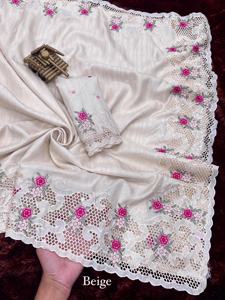 Tenue tendance Haute Qualité Doux Tusaar Coton Saree Broderie Travail Avec Blouse Fabrication De Surat À Vendre - Product Image 5