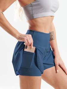 Pantalones cortos de entrenamiento 2 en 1 para mujer, negro/azul marino/rosa, para gimnasio atlético, pantalones cortos para correr con bolsillos para teléfono - Product Image 4