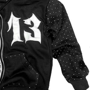 เสื้อฮู้ดซิปประดับคริสตัลแบบกำหนดเอง สตรีทแวร์ฤดูหนาว ผ้าฝ้าย 100% ปักลายดิจิตอล พิมพ์ลายตัวอักษร ขายส่ง OEM - Product Image 4