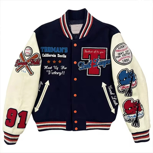 OEM personalizado de los hombres de la Universidad de béisbol Varsity chaqueta bordado Stand Collar de cuero mangas Retro Letterman estilo Bombardero - Product Image 3