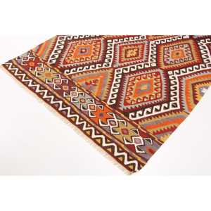 Alfombra Turca Vintage de Lana 5x8 pies, Patrón Ombré Rojo Naranja, Diseño Ecológico de Patchwork, Base de Látex - Product Image 2