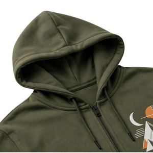 Sudadera con capucha verde oliva con cremallera completa y estampado llamativo de montaña, chaqueta informal estilo streetwear con capucha y estampado frontal y trasero. - Product Image 5