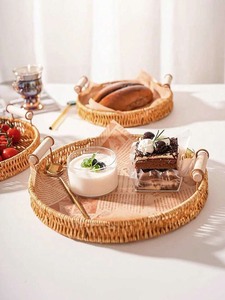 Hot Trend Luxury Vietnam Handicraft Natural Rattan Tray with Wood Handles Eco-friendly Elegant Tea Table for <b>Fruits</b> & <b>Vegetables</b> - Product Image 3