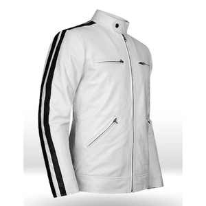 Nouvelle arrivée 2025, veste en cuir noir souple de haute qualité pour homme avec bande en cuir blanc, coupe ajustée, veste en cuir de motard pour homme - Product Image 6