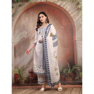 ชุดคุर्ตาผ้าฝ้ายปักลายสีขาวสำหรับผู้หญิง พร้อมกางเกงปาลาซโซ่และผ้าคลุมไหล่ ชุดส่าหรีผ้าจอร์เจตต์แบบเย็บสำเร็จ - Product Image 1
