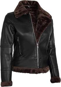 Chaqueta Bomber de Cuero con Cierre y Bolsillos, Acabado en Piel de Oveja, Mangas Largas, Relleno de Algodón Transpirable, Otoño Invierno - Product Image 4