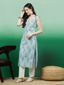 Kurtis Rama de Algodón Azul Turquesa con Estampado Digital para Mujer, Colección Sencilla de Verano para el Trabajo, Corte Regular, En Stock, Estilo Indio - Product Image 3