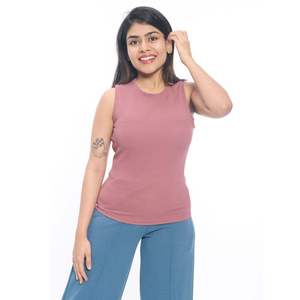 Camiseta sin mangas de cuello redondo extensible para mujer en color púrpura diseño sin mangas adecuado para moda casual - Product Image 1