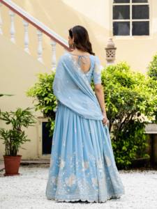 Faux georgette lehenga choli with zari <b>sequin</b> embroidery semi stitched <b>flared</b> skirt unstitched blouse and net dupatta set - Product Image 4