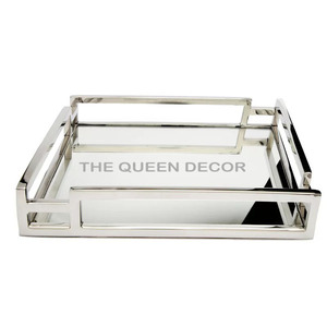 Plateau décoratif de forme ovale contemporain en acier inoxydable et métal aluminium poli brillant au design feuillu - Product Image 6