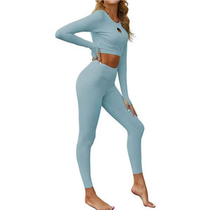 Ensemble de leggings de yoga pour femmes à taille élastique 2026, avec haut court à manches longues et soutien-gorge de sport intégré, effet push-up, séchage rapide, pour le sport et la gym. - Product Image 1